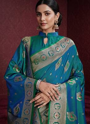 teal banarasi soft silk blend saree with dupatta 4