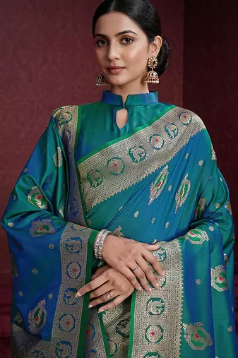 teal banarasi soft silk blend saree with dupatta