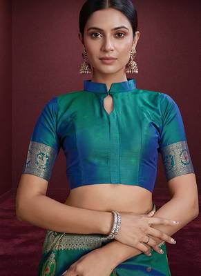 teal banarasi soft silk blend saree with dupatta 5