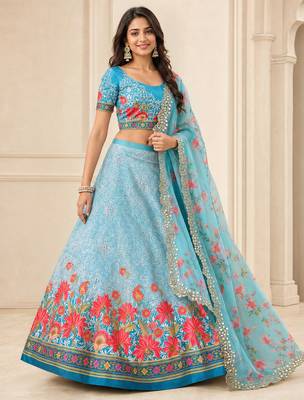 Kalamkari Print Satin Semi Stitched Lehenga Choli & Unstitched Blouse With Embroadery Work Dupatta 1