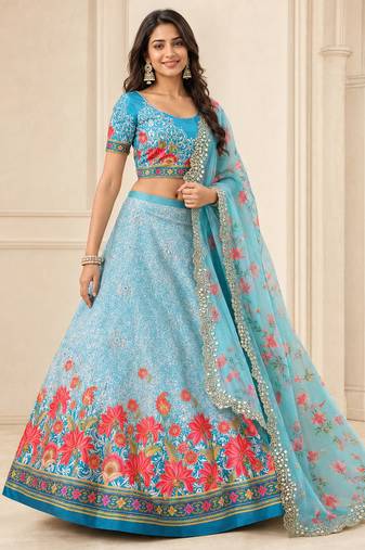 Kalamkari Print Satin Semi Stitched Lehenga Choli & Unstitched Blouse With Embroadery Work Dupatta
