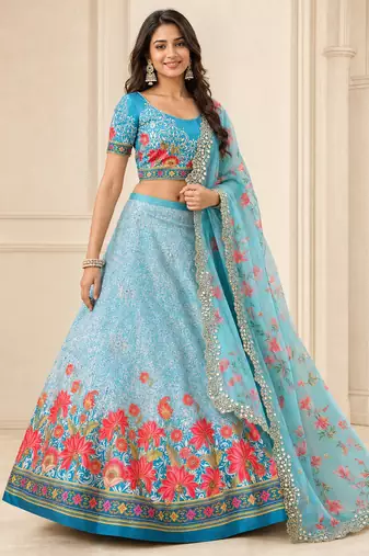 Kalamkari Print Satin Semi Stitched Lehenga Choli & Unstitched Blouse With Embroadery Work Dupatta