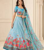 Kalamkari Print Satin Semi Stitched Lehenga Choli & Unstitched Blouse With Embroadery Work Dupatta