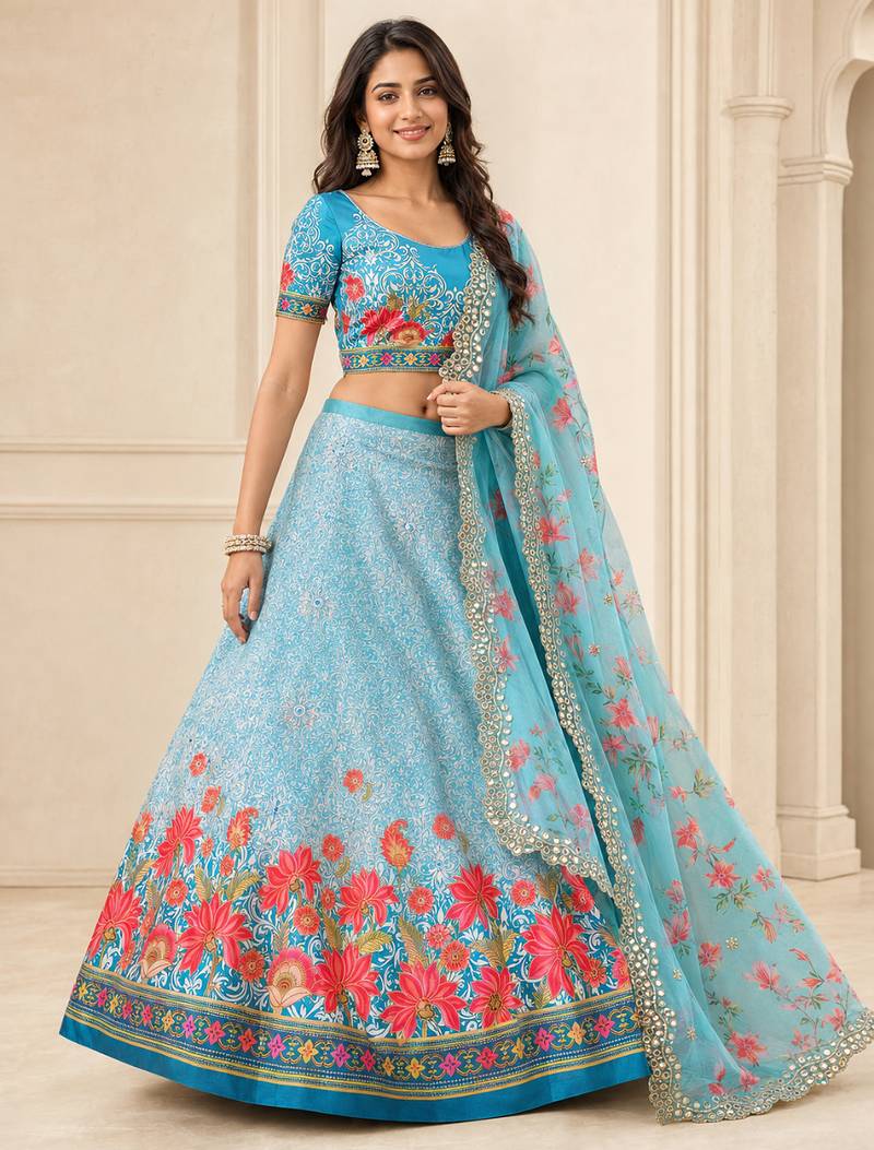 Kalamkari Print Satin Semi Stitched Lehenga Choli & Unstitched Blouse With Embroadery Work Dupatta