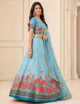 Kalamkari Print Satin Semi Stitched Lehenga Choli & Unstitched Blouse With Embroadery Work Dupatta 2