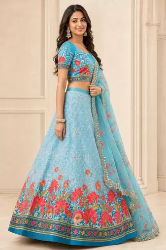 Kalamkari Print Satin Semi Stitched Lehenga Choli & Unstitched Blouse With Embroadery Work Dupatta
