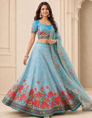 Kalamkari Print Satin Semi Stitched Lehenga Choli & Unstitched Blouse With Embroadery Work Dupatta 3