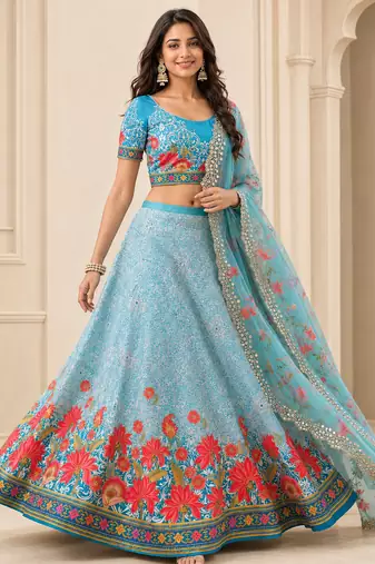Kalamkari Print Satin Semi Stitched Lehenga Choli & Unstitched Blouse With Embroadery Work Dupatta