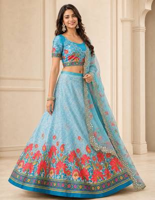Kalamkari Print Satin Semi Stitched Lehenga Choli & Unstitched Blouse With Embroadery Work Dupatta 4
