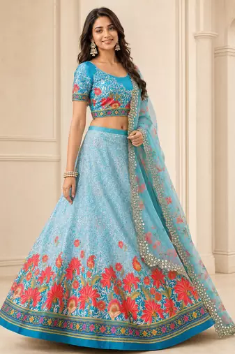 Kalamkari Print Satin Semi Stitched Lehenga Choli & Unstitched Blouse With Embroadery Work Dupatta