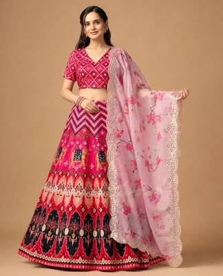 Kalamkari Print Satin  Lehenga Choli & Unstitched Blouse With Embroadery Work Dupatta 1
