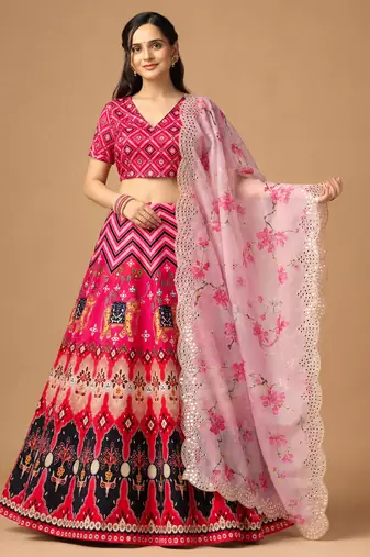 Kalamkari Print Satin  Lehenga Choli & Unstitched Blouse With Embroadery Work Dupatta