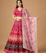 Kalamkari Print Satin  Lehenga Choli & Unstitched Blouse With Embroadery Work Dupatta