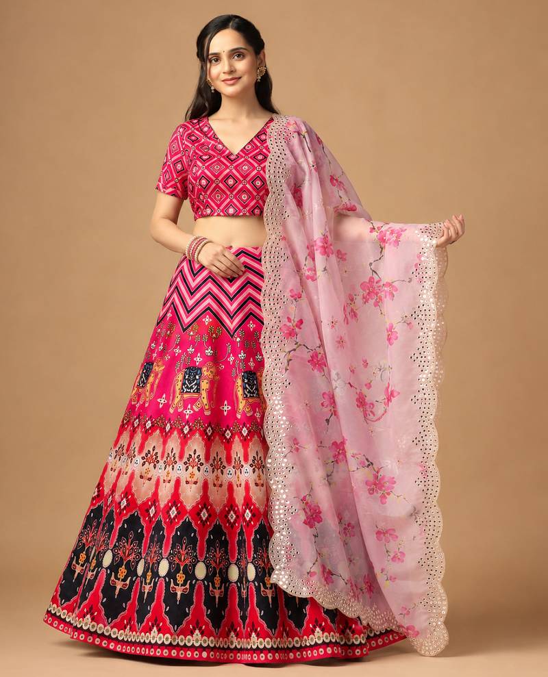 Kalamkari Print Satin  Lehenga Choli & Unstitched Blouse With Embroadery Work Dupatta
