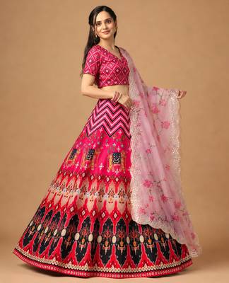Kalamkari Print Satin  Lehenga Choli & Unstitched Blouse With Embroadery Work Dupatta 2