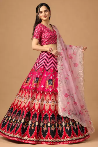 Kalamkari Print Satin  Lehenga Choli & Unstitched Blouse With Embroadery Work Dupatta
