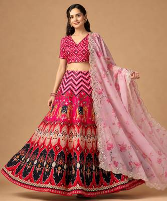 Kalamkari Print Satin  Lehenga Choli & Unstitched Blouse With Embroadery Work Dupatta 3
