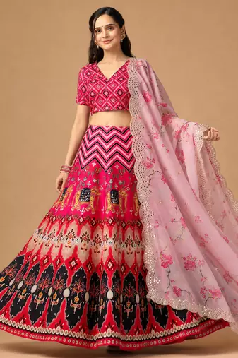Kalamkari Print Satin  Lehenga Choli & Unstitched Blouse With Embroadery Work Dupatta