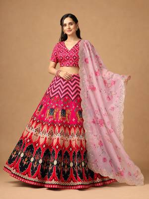 Kalamkari Print Satin  Lehenga Choli & Unstitched Blouse With Embroadery Work Dupatta 4