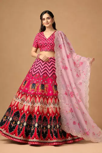 Kalamkari Print Satin  Lehenga Choli & Unstitched Blouse With Embroadery Work Dupatta
