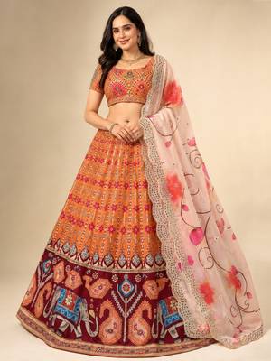 Kalamkari Print Satin  Lehenga Choli & Unstitched Blouse With Embroadery Work Dupatta 1