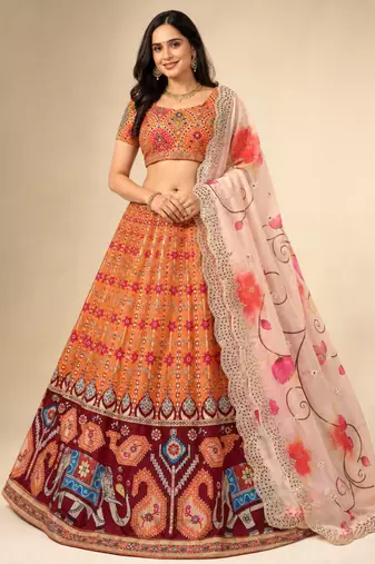 Kalamkari Print Satin  Lehenga Choli & Unstitched Blouse With Embroadery Work Dupatta