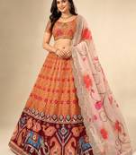 Kalamkari Print Satin  Lehenga Choli & Unstitched Blouse With Embroadery Work Dupatta