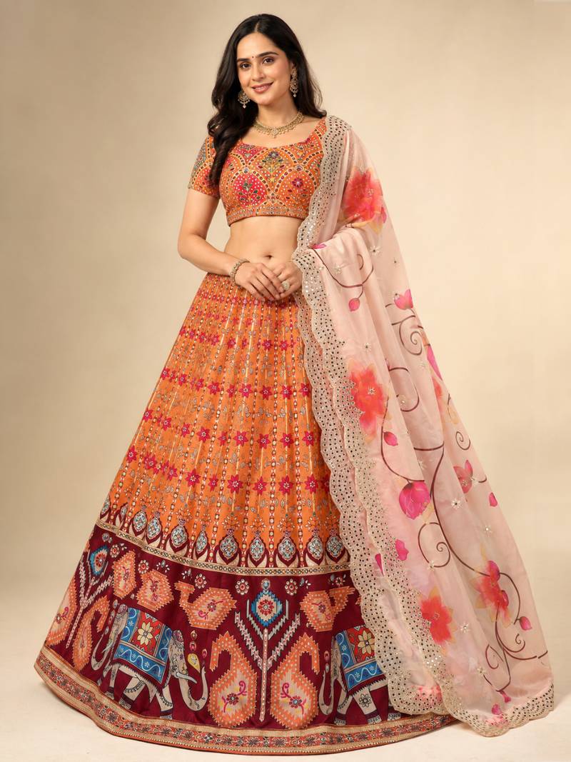 Kalamkari Print Satin  Lehenga Choli & Unstitched Blouse With Embroadery Work Dupatta