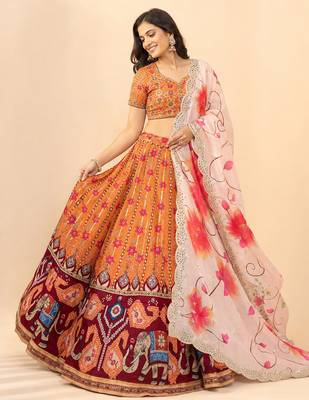 Kalamkari Print Satin  Lehenga Choli & Unstitched Blouse With Embroadery Work Dupatta 2