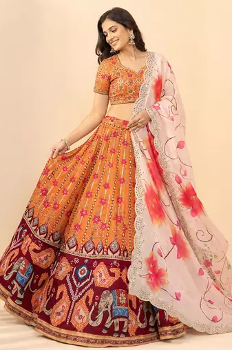Kalamkari Print Satin  Lehenga Choli & Unstitched Blouse With Embroadery Work Dupatta