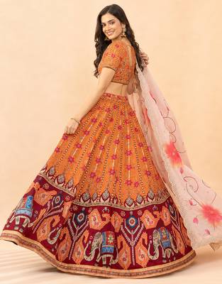 Kalamkari Print Satin  Lehenga Choli & Unstitched Blouse With Embroadery Work Dupatta 3