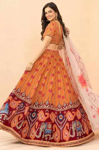 Kalamkari Print Satin  Lehenga Choli & Unstitched Blouse With Embroadery Work Dupatta