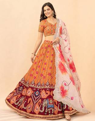 Kalamkari Print Satin  Lehenga Choli & Unstitched Blouse With Embroadery Work Dupatta 4