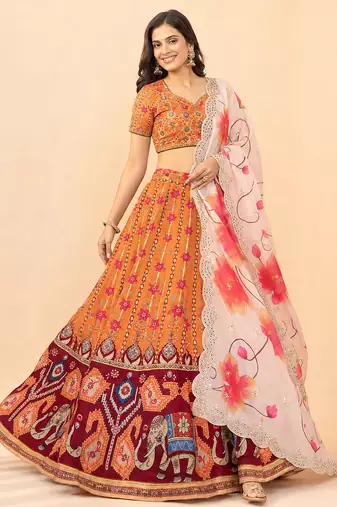 Kalamkari Print Satin  Lehenga Choli & Unstitched Blouse With Embroadery Work Dupatta