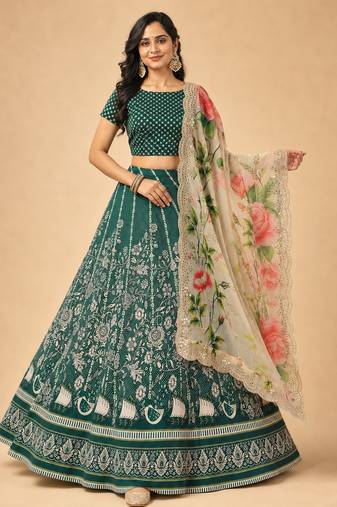 Kalamkari Print Satin  Lehenga Choli & Unstitched Blouse With Embroadery Work Dupatta