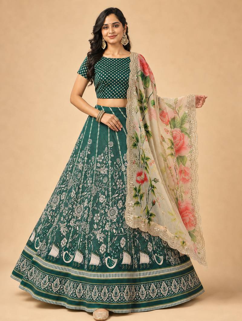 Kalamkari Print Satin  Lehenga Choli & Unstitched Blouse With Embroadery Work Dupatta