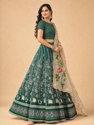 Kalamkari Print Satin  Lehenga Choli & Unstitched Blouse With Embroadery Work Dupatta 2
