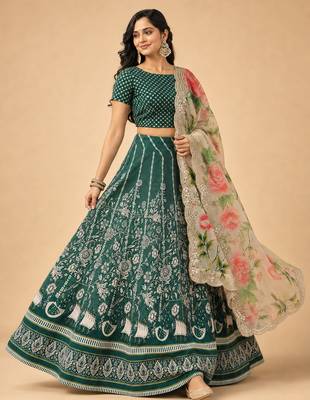 Kalamkari Print Satin  Lehenga Choli & Unstitched Blouse With Embroadery Work Dupatta 3