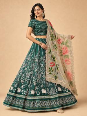 Kalamkari Print Satin  Lehenga Choli & Unstitched Blouse With Embroadery Work Dupatta 4