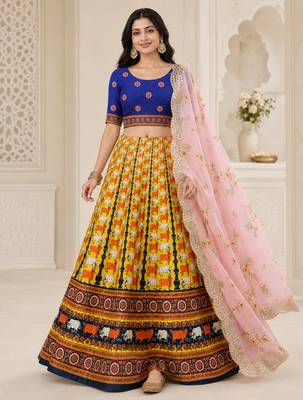 Kalamkari Print Satin  Lehenga Choli & Unstitched Blouse With Embroadery Work Dupatta 1