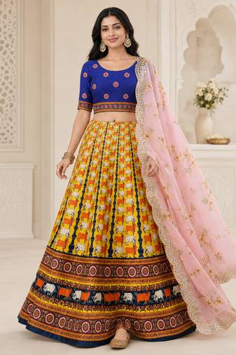 Kalamkari Print Satin  Lehenga Choli & Unstitched Blouse With Embroadery Work Dupatta