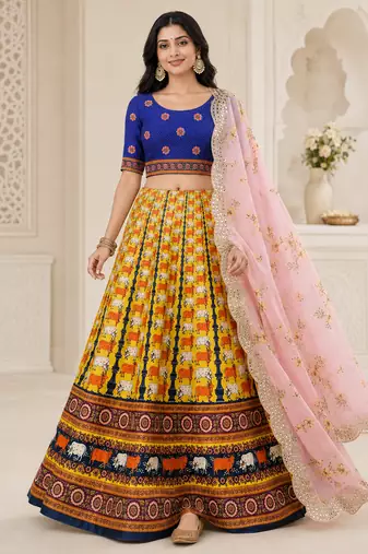 Kalamkari Print Satin  Lehenga Choli & Unstitched Blouse With Embroadery Work Dupatta