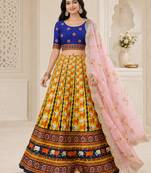 Kalamkari Print Satin  Lehenga Choli & Unstitched Blouse With Embroadery Work Dupatta