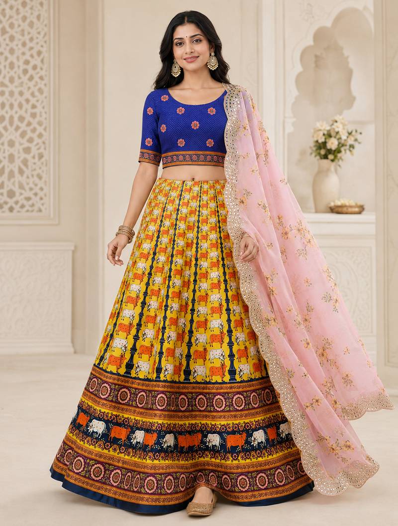 Kalamkari Print Satin  Lehenga Choli & Unstitched Blouse With Embroadery Work Dupatta