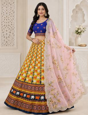 Kalamkari Print Satin  Lehenga Choli & Unstitched Blouse With Embroadery Work Dupatta 2