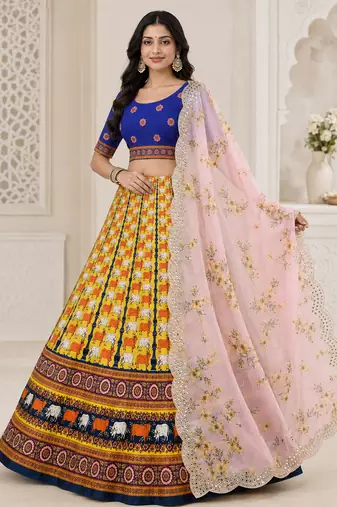 Kalamkari Print Satin  Lehenga Choli & Unstitched Blouse With Embroadery Work Dupatta
