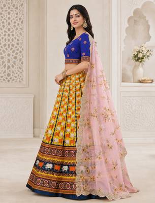 Kalamkari Print Satin  Lehenga Choli & Unstitched Blouse With Embroadery Work Dupatta 3