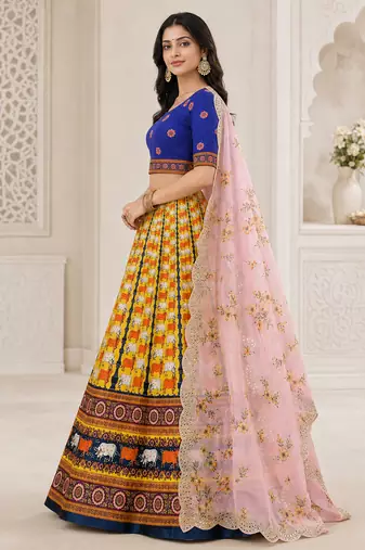 Kalamkari Print Satin  Lehenga Choli & Unstitched Blouse With Embroadery Work Dupatta