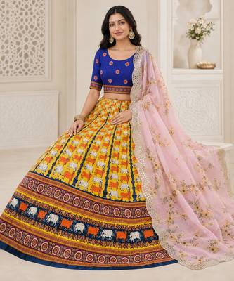 Kalamkari Print Satin  Lehenga Choli & Unstitched Blouse With Embroadery Work Dupatta 4