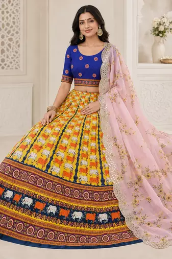 Kalamkari Print Satin  Lehenga Choli & Unstitched Blouse With Embroadery Work Dupatta